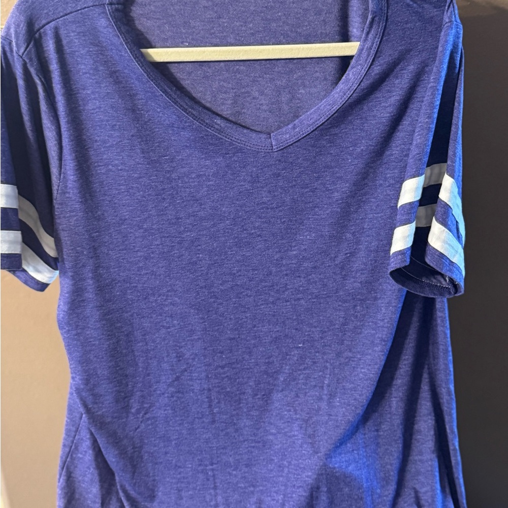 Purple V-Neck T-Shirt with Striped Sleeves
